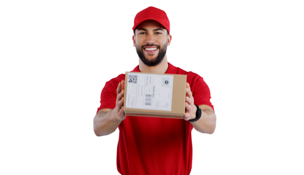 Happy man, portrait and box with delivery for package, transportation or order on a transparent PNG background. Male person or courier guy with smile, hat and parcel for cargo or service in logistics