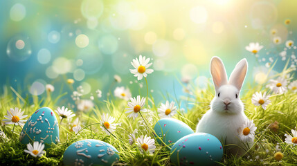 cute white rabbit with easter eggs in garden, AI generated