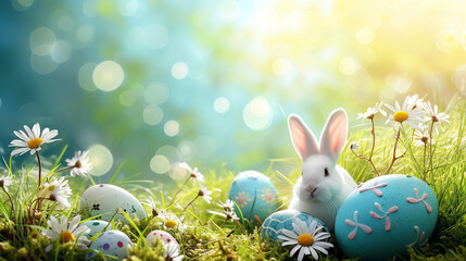 white rabbit with easter eggs in garden, AI generated - Powered by Adobe