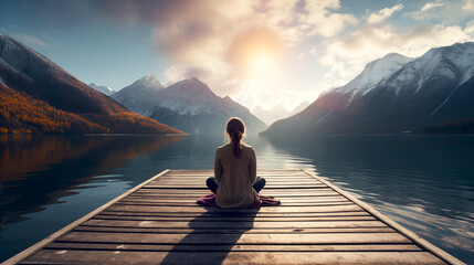 Calm evening meditation scene of a young woman is meditating while sitting on wooden pier outdoors with beautiful lake and mountains nature. wellness soul concept before sunset - 737760881