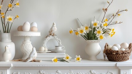 Festive decoration of easier eggs and daffodills in kitchen table with white theme and white background