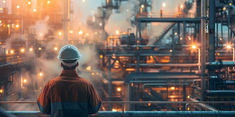 Observation of a busy factory floor by a worker wearing safety gear. Concept Factory Floor, Safety Gear, Worker's Perspective, Observation, Busy Environment