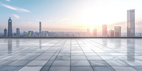 empty square floor against a city skyline with a building background. 