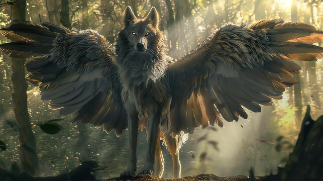 "Winged Guardian: Mystical Wolf in the Forest"