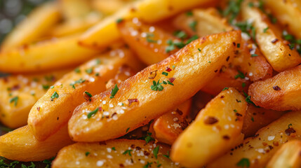 Closeup of crisp golden fries with a satisfyingly crispy exterior and a soft pillowy center...