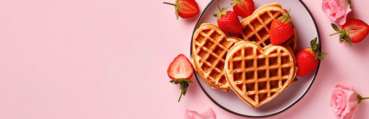 Plate with heart-shaped waffles and strawberries on a pink background. Mothers Day breakfast concept. Generative AI - obrazy, fototapety, plakaty