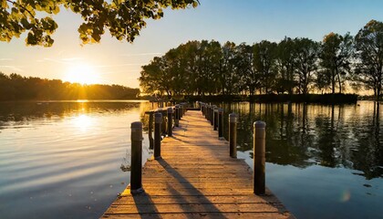 sunset over the lake wallpaper pier jetty golden hour sunset on lake, trees in background landscape - Powered by Adobe