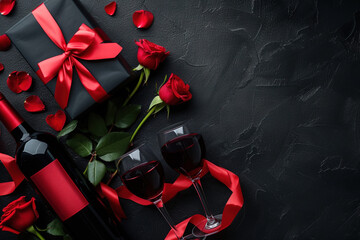 Valentine's Day background with bottle of wine, glasses, gift box, roses, petals. Generative AI