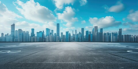view of city skyline and asphalt paving with city in background, - obrazy, fototapety, plakaty