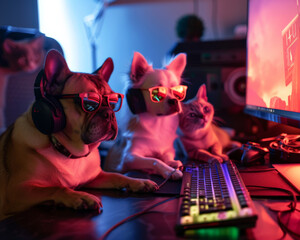 An animal eSports team with dogs strategizing on computers and cats showcasing agility on gaming phones competing at the highest level - obrazy, fototapety, plakaty