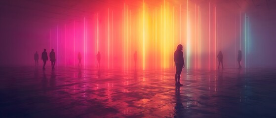 Fototapeta premium Man And The Exhibition Of Light. Illustration On The Theme Of Exhibitions And Space, Light And Culture. Generative AI