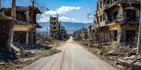 Fototapeta premium The Post-War Desolation: Capturing the Devastated Urban Landscape. Concept Industrial Ruins, Urban Decay, Rebuilding Hope, Symbolic Destruction