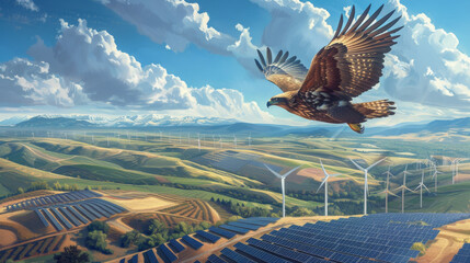 An eagle soars above a landscape dotted with solar farms and wind turbines symbolizing freedom through renewable energy - obrazy, fototapety, plakaty