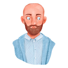 A man with a bald head and beard, wearing a blue dress shirt