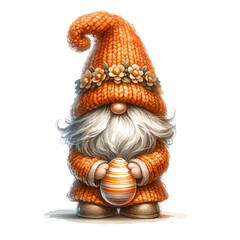Easter Gnome in an orange outfit with colorful eggs, embodying the spirit of the holiday.