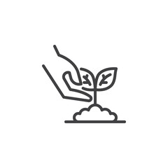 Hand touching plant line icon