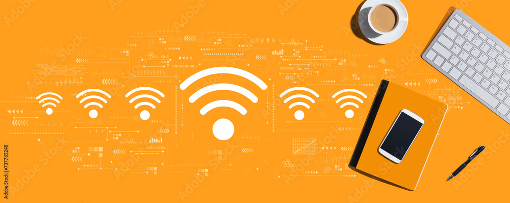 Poster wifi theme with a computer keyboard and office items