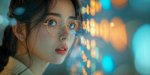 Web banner with a beautiful girl analyst. at the screen with visualization of big data flow, processing and programming using artificial intelligence