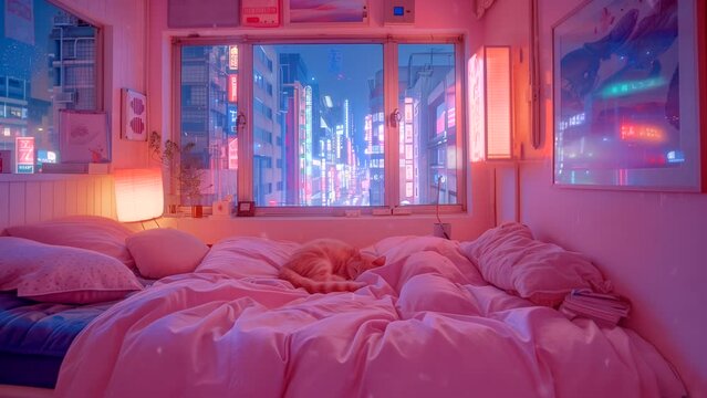 Lofi cat sleeping in cozy room with city view at night. seamless looping 4k time-lapse animation background
