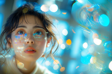 Beautiful girl student - analyst engaged in data processing, processing and programming information using AI, space for concept