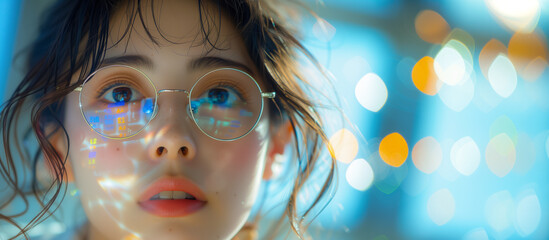 Banner with close up portrait of female analyst analyzing data in research institute using AI