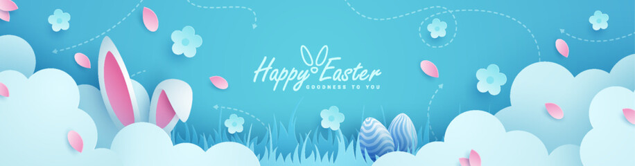 Joyous Easter holiday featuring eggs, rabbit ears, clouds and flowers against a vibrant backdrop and paper style. Suitable for greeting cards or party invitations. - obrazy, fototapety, plakaty