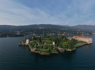Lake Maggiore, island, Isola Bella, Italy. Panorama at sunrise on Lake Maggiore aerial view. Isola Bella and Stresa town aerial panoramic view.
