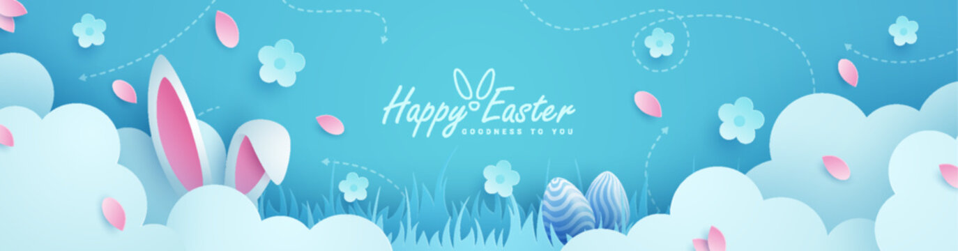 Joyous Easter holiday featuring eggs, rabbit ears, clouds and flowers against a vibrant backdrop and paper style. Suitable for greeting cards or party invitations.