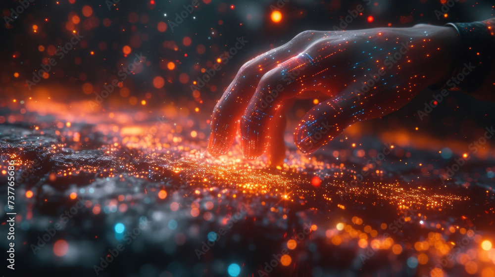 Poster An abstract representation of cyberspace with pixels and lines forming a virtual landscape. In the foreground hands holding digital devices are exchanging digital currency