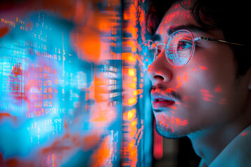 Programming and coding, a young man in glasses is engaged in cyber security and network research. Person, investor or employee with data analysis of information processes using AI