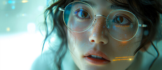 Closeup portrait of a female student in glasses working in practice in a modern data center, copy space for concept