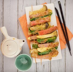 햄, 채소, 버섯, 게살 꼬치구이, 한국음식