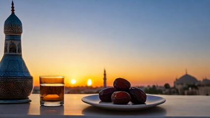 A plate of dates and a glass of water on a table, sunset, with a mosque in the background, Ramadan.