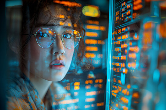 Portrait of a young woman with glasses on a blue and orange background with binary code, processing and analysis of information with big data, woman looking at camera