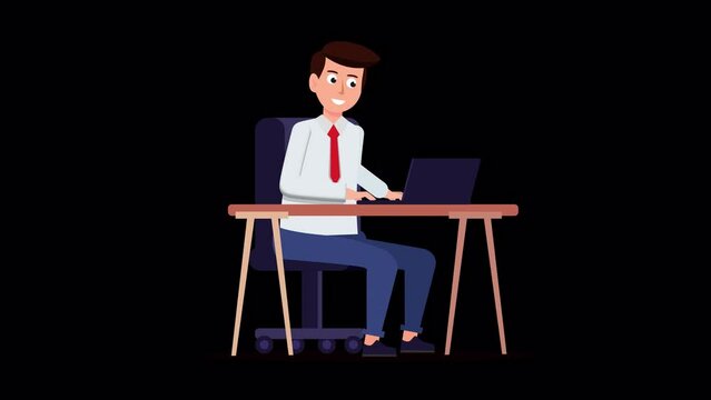 
Animation of happy man sitting on his desk and typing on keyboard. Looped animation with transparent background. A cartoon guy works remotely with laptop. Happy male freelancer in the office