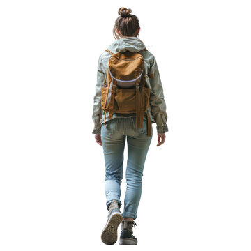 A young woman walking, back view isolated on transparent png.
