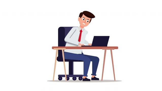 Animation of angry man sitting on his desk and typing on keyboard. Looped animation with white background. A cartoon guy works remotely with laptop. Frustrated male freelancer in the office.