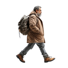 An obese man walking with ease, side-view  isolated on transparent png.