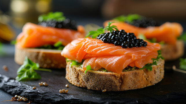 Delicious black caviar sandwiches with salmon on a black background, generative ai