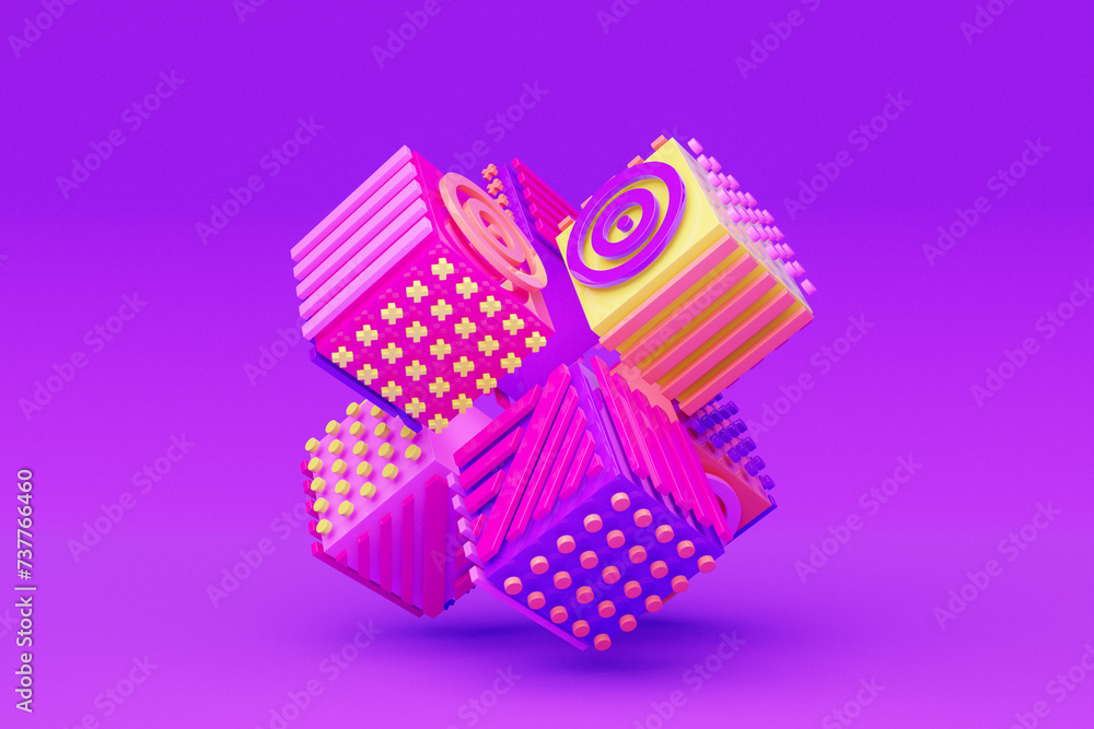 Aufkleber 3d illustration, abstract shape illusion of various squares with patterns, isometric abstract shapes