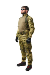 Full length portrait of man soldier wearing ammunition on white background