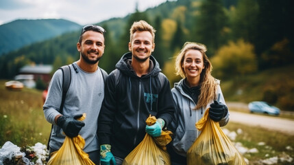  Eco-activists participate in cleaning the environment from garbage, plastic, bottles, and bags. Generative AI