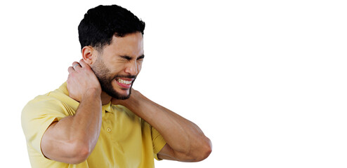 Anxiety, burnout or frustration and neck pain man isolated on transparent background with fatigue....