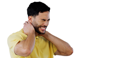 Anxiety, burnout or frustration and neck pain man isolated on transparent background with fatigue. Stress, depression or mental health and tired young person on PNG with reaction to mistake or fail