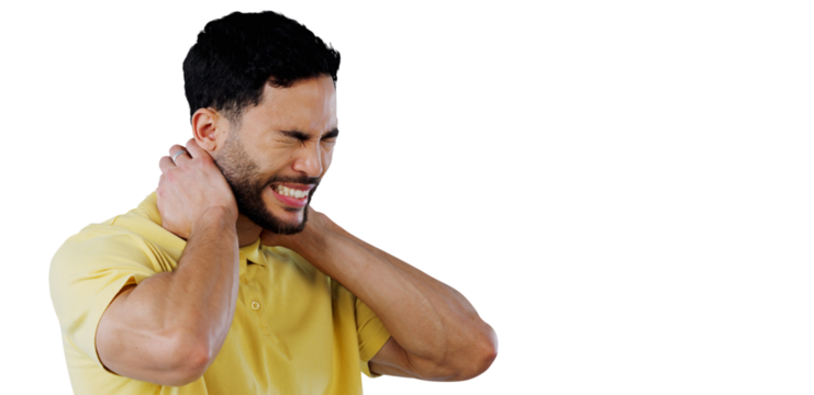 Anxiety, burnout or frustration and neck pain man isolated on transparent background with fatigue. Stress, depression or mental health and tired young person on PNG with reaction to mistake or fail