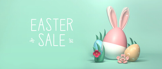 Easter sale message with colorful Easter eggs and rabbit ears - 3D render