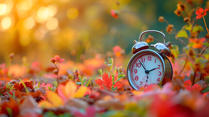 Daylight saving time ends. Alarm clock on beautiful nature background with summer flowers and autumn leaves, generative ai 