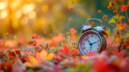 Foto op Canvas Daylight saving time ends. Alarm clock on beautiful nature background with summer flowers and autumn leaves, generative ai  © Chaman
