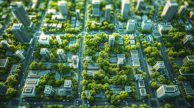 Birds eye view of an efficient AI optimized urban layout illustrating smart city planning