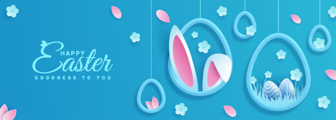 Joyous Easter holiday featuring eggs, rabbit ears and flowers against a vibrant backdrop and paper style. Suitable for greeting cards or party invitations.